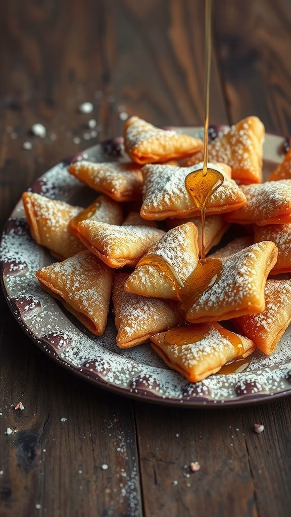 A plate of zalabia drizzled with honey and dusted with powdered sugar.