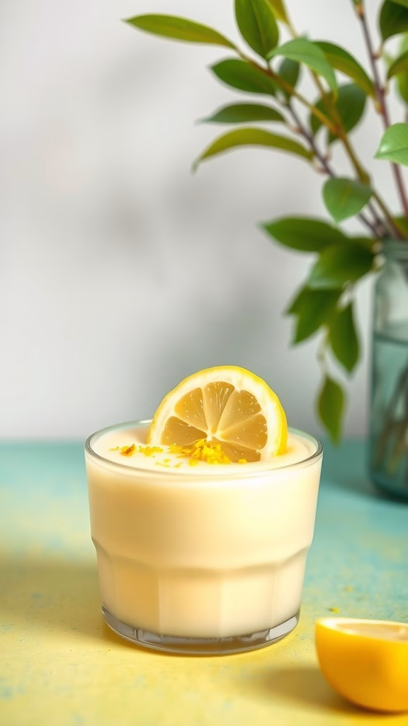 A bowl of lemon pudding topped with a slice of lemon and zest, with a lemon half on the side and green leaves in the background.