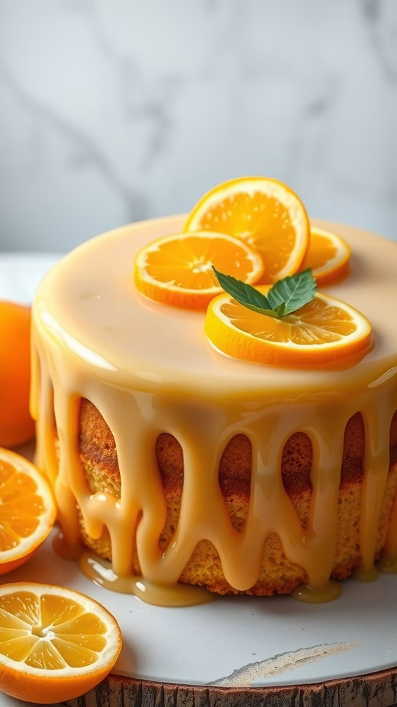 A delicious cake topped with zesty citrus glaze and fresh orange slices.
