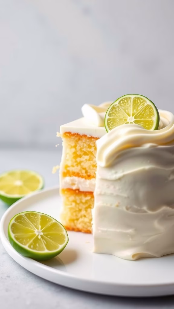 A slice of key lime cake with lime slices on a plate.