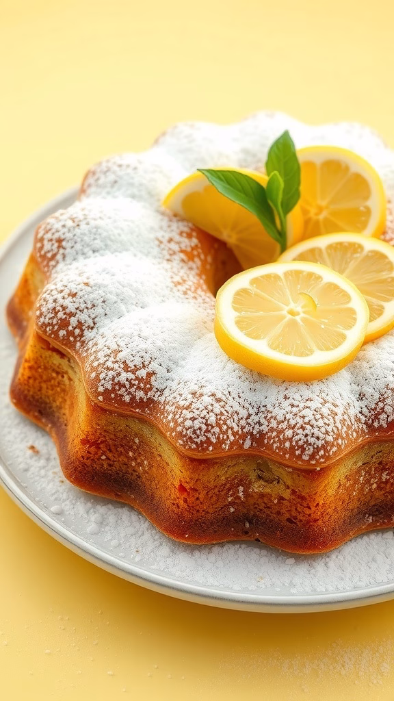 A beautifully baked lemon olive oil cake, garnished with lemon slices and mint leaves, dusted with powdered sugar.