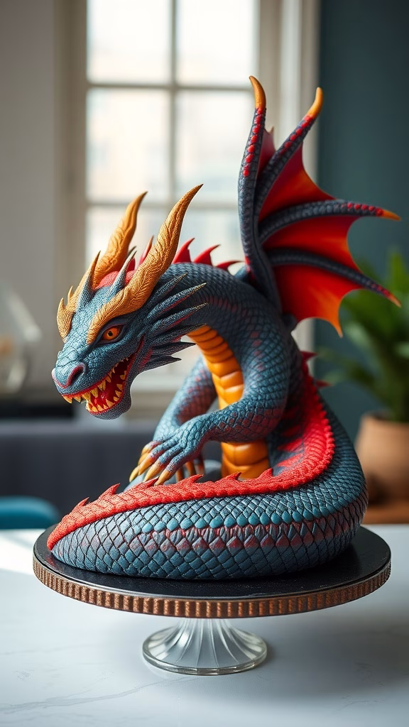 A 3D sculpted cake of a dragon with vibrant colors and intricate details.