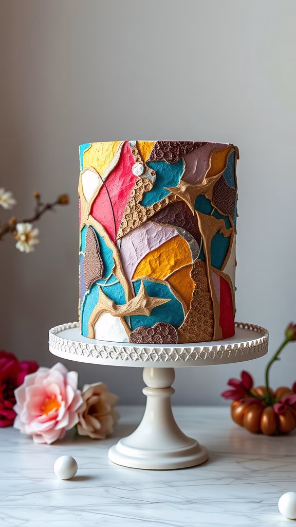 A beautifully designed abstract textured cake on a stand, featuring vibrant colors and unique textures.