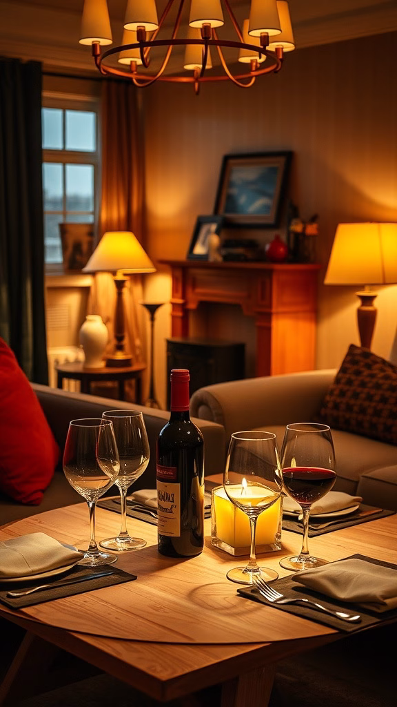 A cozy wine setting with warm lighting, featuring a bottle of red wine and glasses on a wooden table.