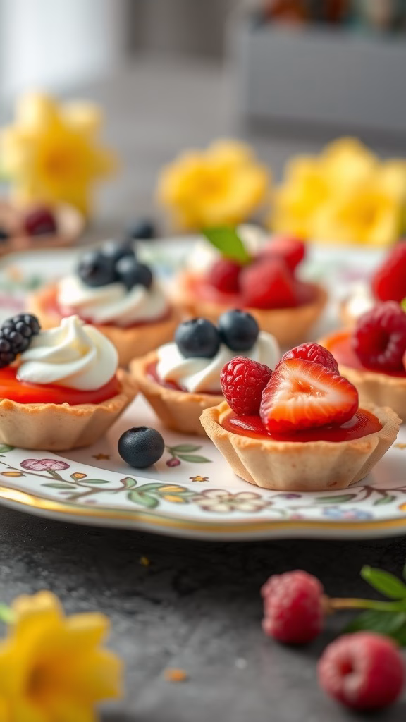 A plate of colorful fruit tartlets with assorted berries and mint leaves