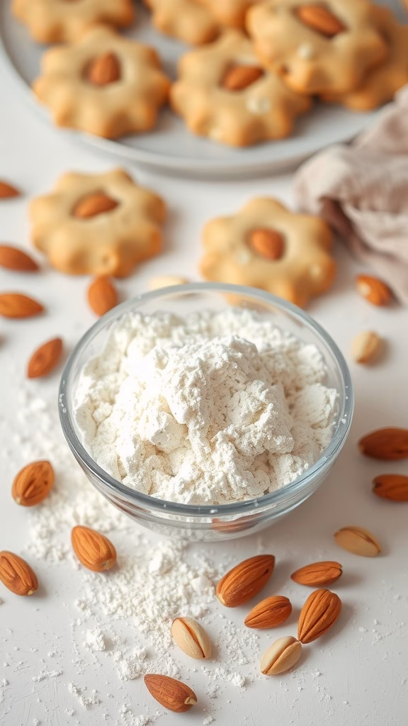 A bowl of almond flour with whole almonds and baked almond cookies on a plate.