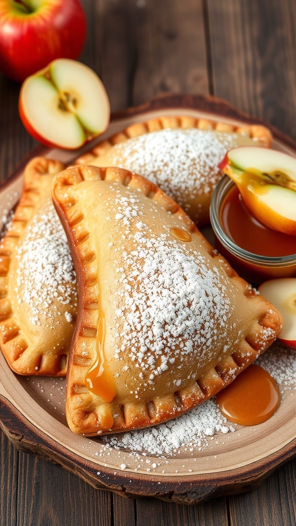 A plate of apple cinnamon cream cheese empanadas with caramel sauce and powdered sugar.