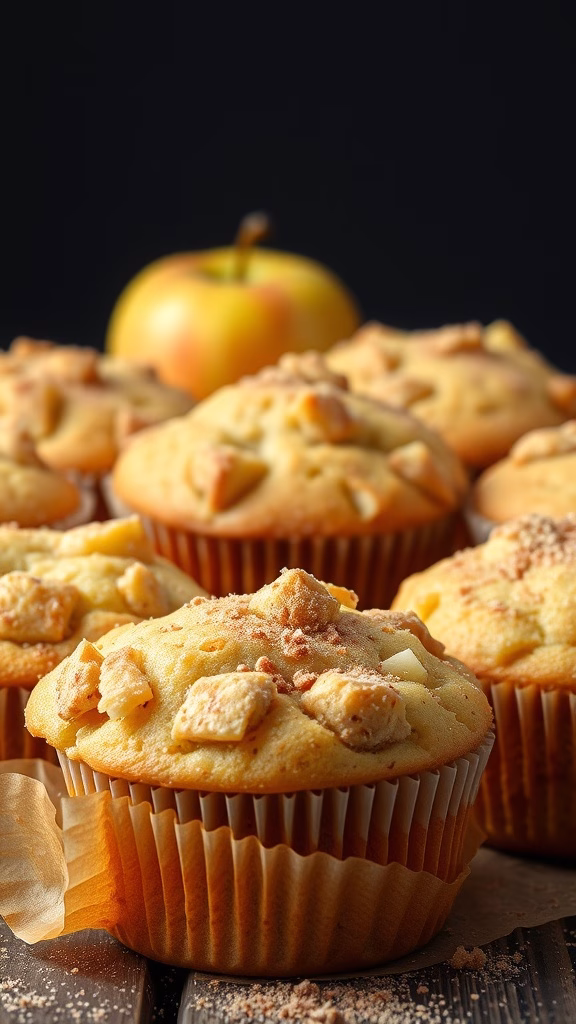 Delicious apple cinnamon muffins, freshly baked and topped with apple pieces.
