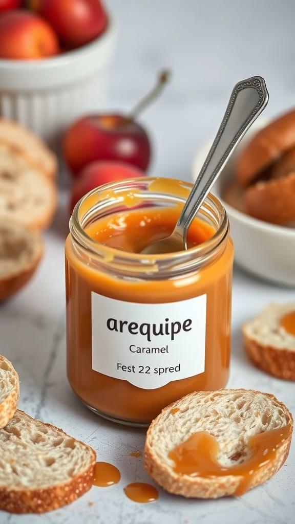 A jar of arequipe caramel spread with slices of bread and apples.