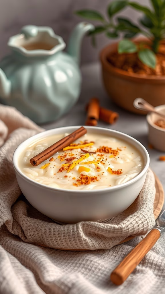 A creamy bowl of arroz con leche topped with cinnamon and lemon zest
