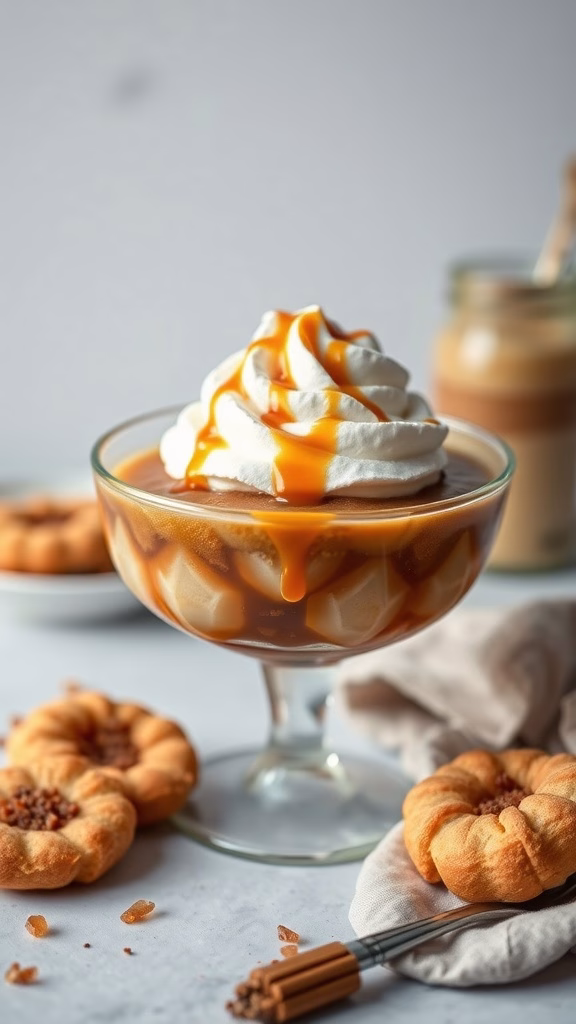 A bowl of Baba de Camelo topped with whipped cream and caramel sauce, accompanied by traditional Portuguese cookies.