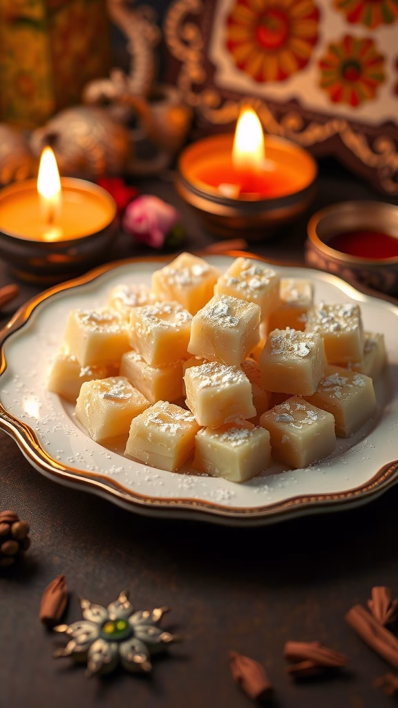 Delicious Badam (Almond) Katli sweets on a decorative plate.