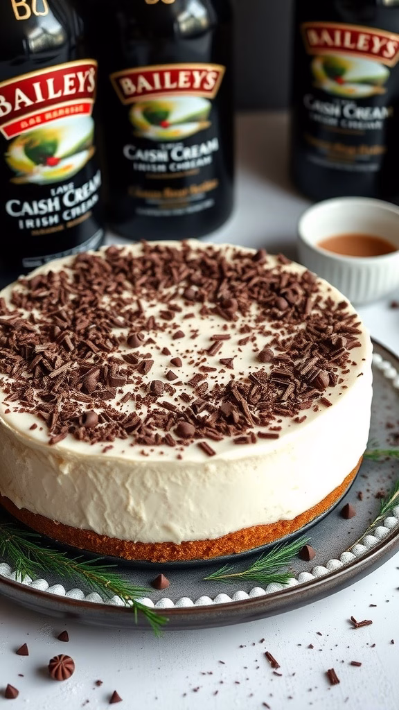 A delicious Bailey's Irish Cream Cheesecake topped with chocolate shavings.