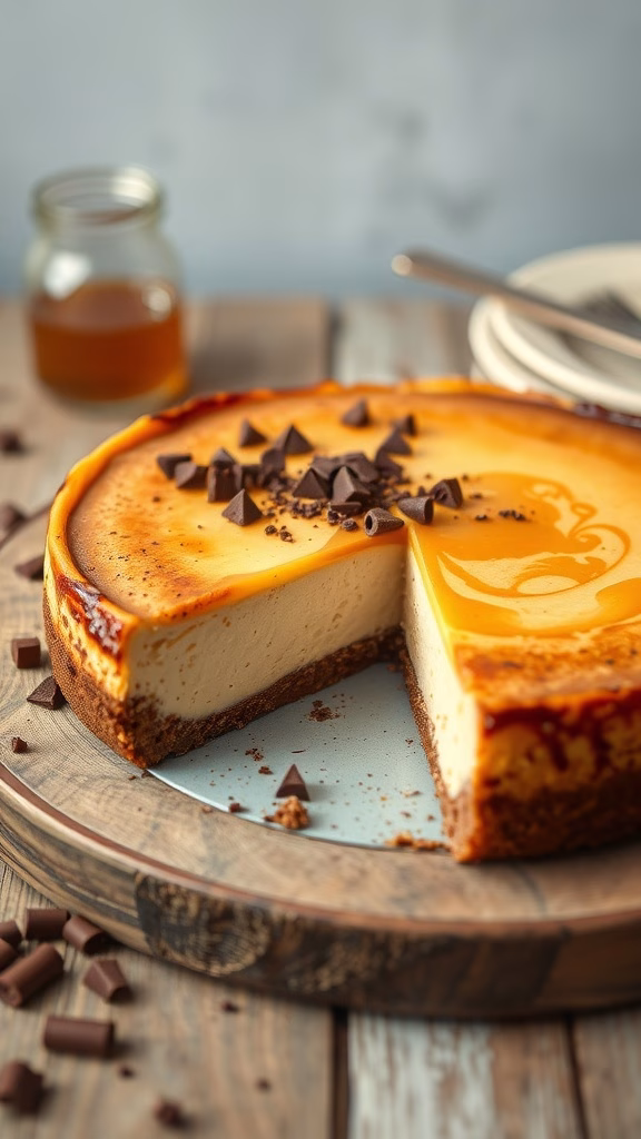 A slice of baked Amarula cheesecake on a wooden board, drizzled with caramel sauce, surrounded by chocolate chips.