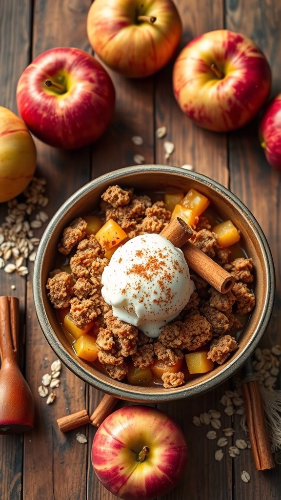 Baked apple crisp topped with ice cream and garnished with cinnamon sticks and fresh apples.