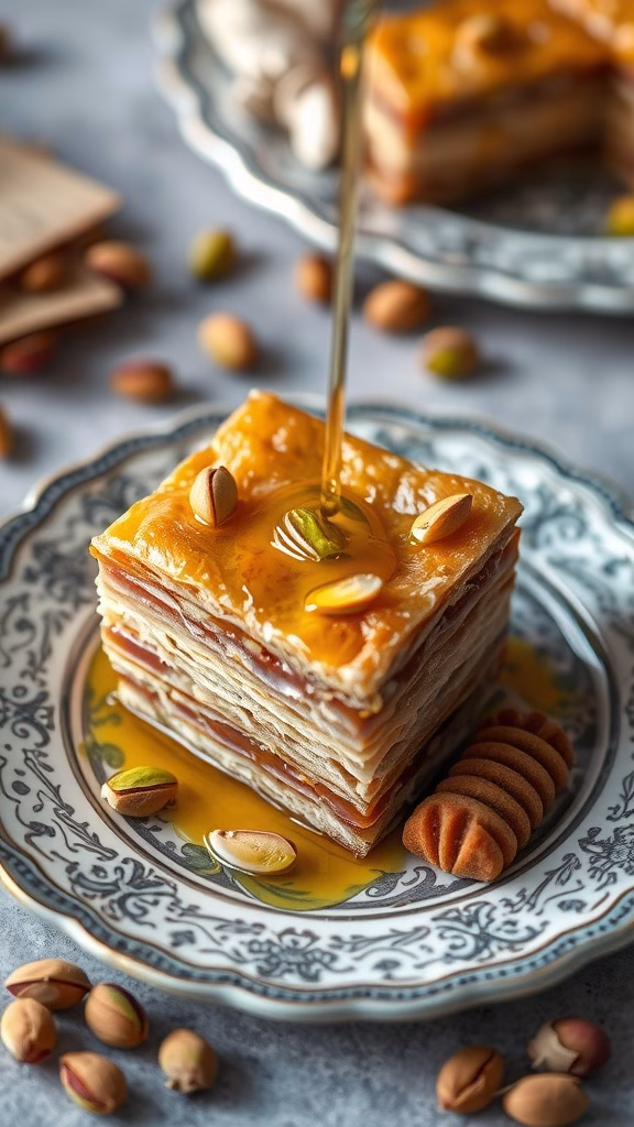 A delicious slice of bakhlava drizzled with sweet syrup, garnished with nuts.