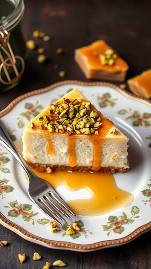 A slice of baklava cheesecake fusion topped with crushed nuts and honey drizzle on a decorative plate.