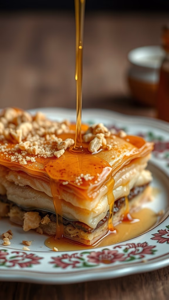 A delicious slice of baklava drizzled with honey and topped with nuts.