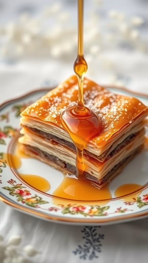 A delicious serving of baklava drizzled with honey syrup on a decorative plate.