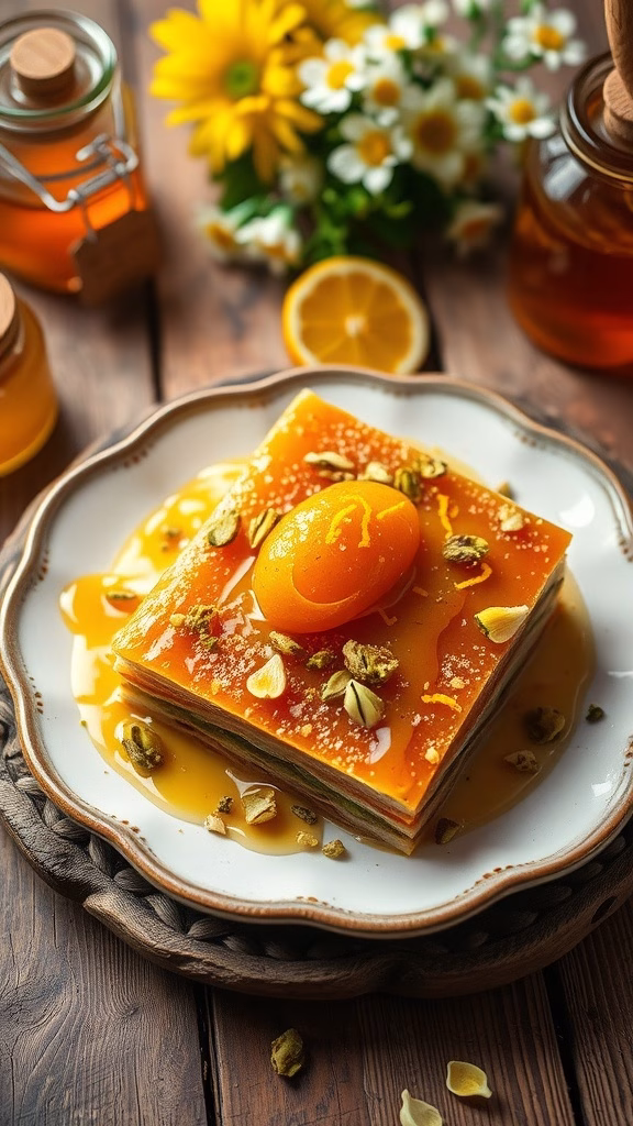 A delicious baklava dessert drizzled with orange blossom honey and topped with nuts.