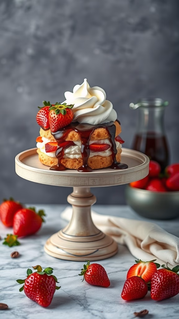 A delicious serving of strawberry shortcake topped with whipped cream and drizzled with balsamic vinegar.