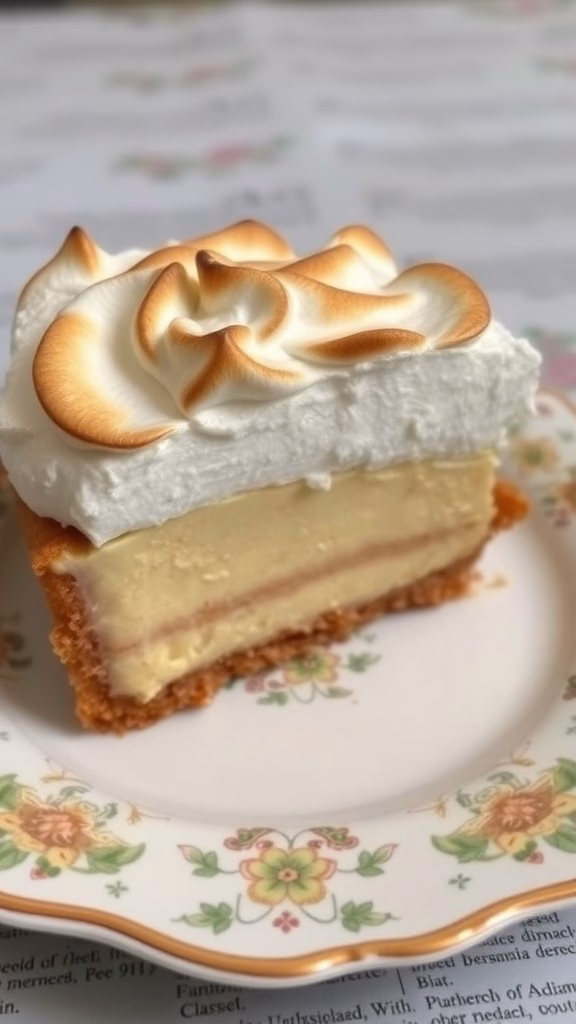 A slice of banana cream pie topped with meringue on a floral plate.