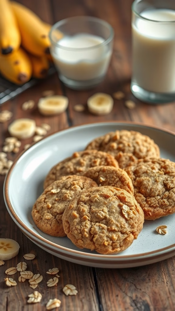 Plate of banana oatmeal cookies with bananas and oats around
