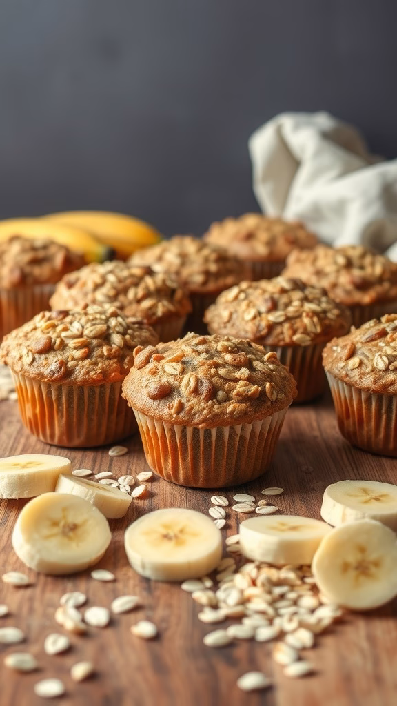 Delicious homemade banana oatmeal muffins with oats and banana slices on a wooden surface