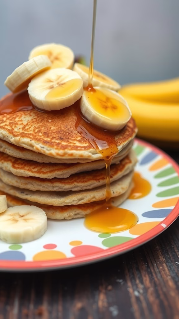 Banana protein pancakes topped with banana slices and syrup.