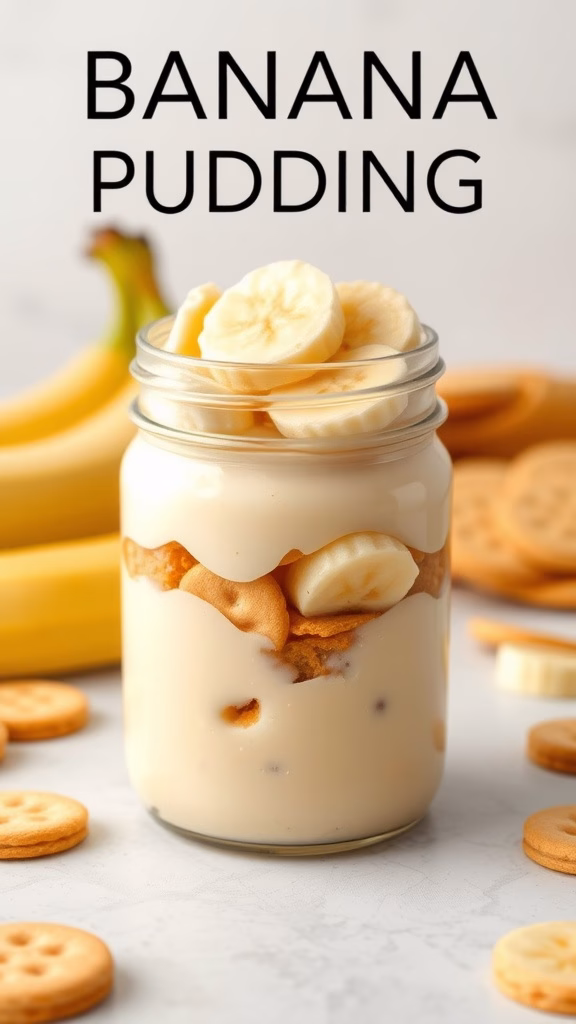 A jar filled with banana pudding, sliced bananas, and vanilla wafers