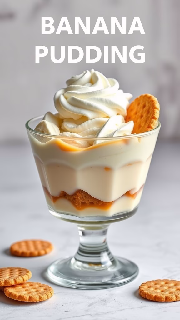A delicious serving of banana pudding with vanilla wafers, topped with whipped cream.