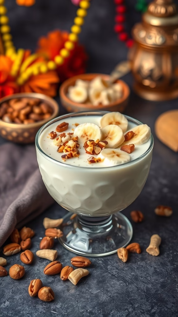 A bowl of Banana Sheera garnished with nuts and bananas, representing a traditional dessert for Maha Shivaratri.