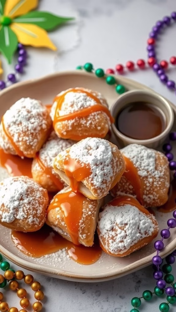 Delicious beignet bites topped with praline sauce, perfect for Mardi Gras celebrations.