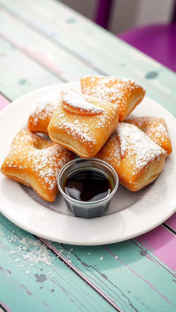 Delicious beignets dusted with powdered sugar on a plate.