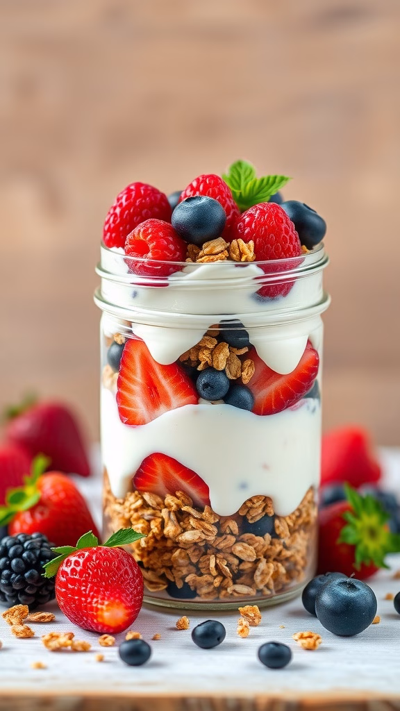 A delicious berry parfait layered with yogurt and granola in a jar.
