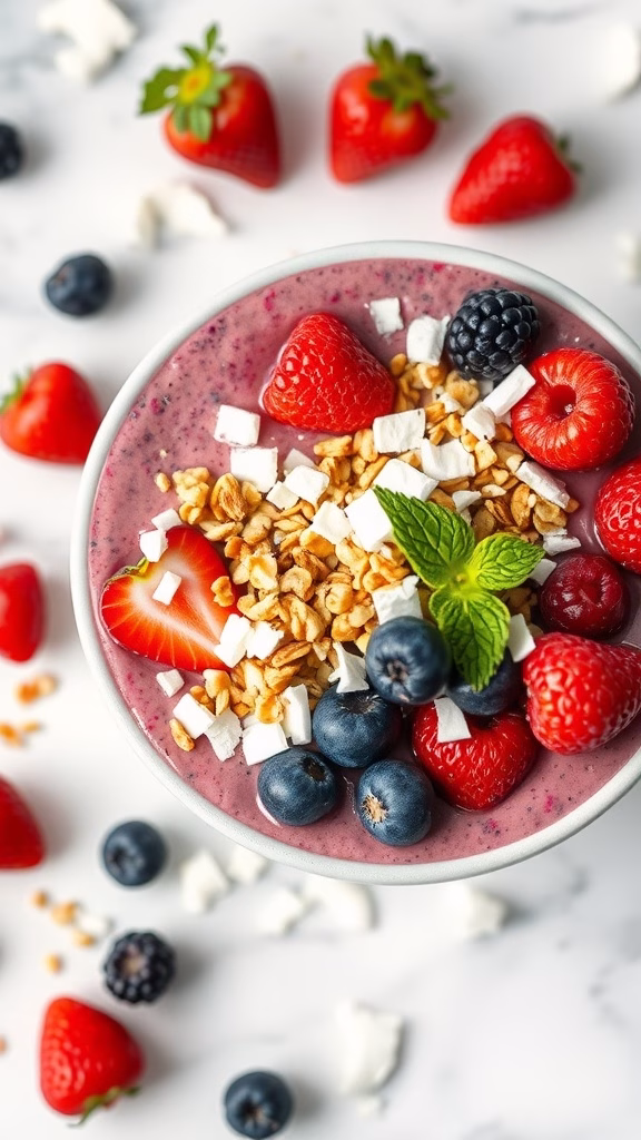 A colorful berry protein smoothie bowl topped with fresh fruits, granola, and mint leaves.