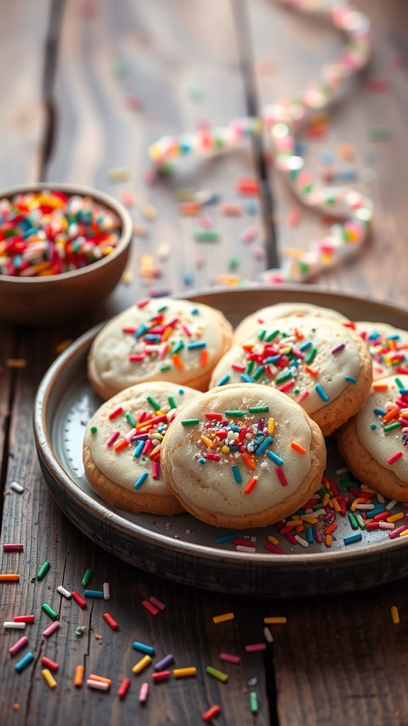 Colorful Birthday Cake Confetti Cookies on a plate with sprinkles scattered around.