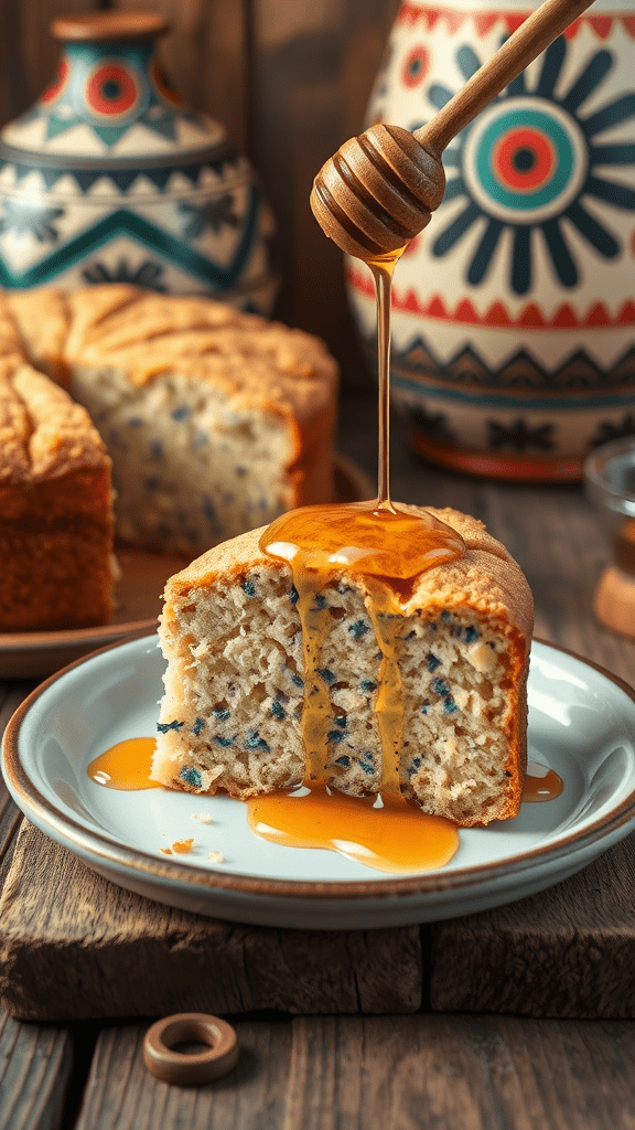 A slice of blue cornmeal cake drizzled with honey