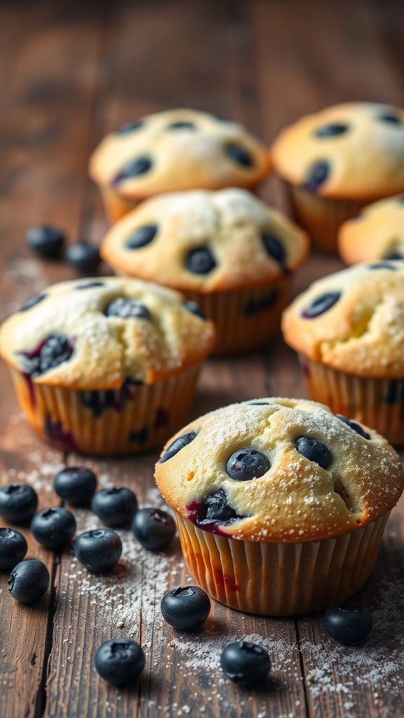 Blueberry cream cheese muffins with fresh blueberries scattered around.