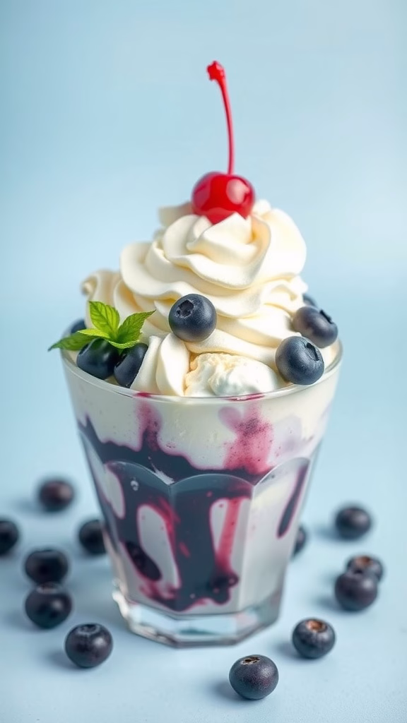 A delicious blueberry ice cream sundae topped with whipped cream and a cherry.