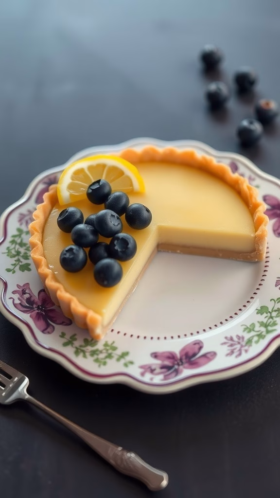 A slice of blueberry lemon tart topped with blueberries and a lemon slice on a decorative plate.