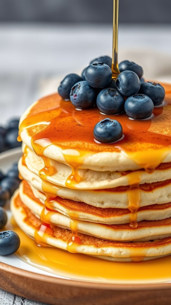 Delicious blueberry pancakes stacked high with syrup dripping down