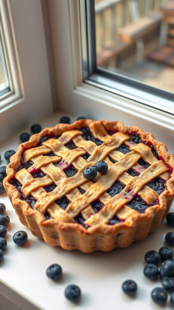 A fresh blueberry pie with a lattice crust placed on a windowsill.