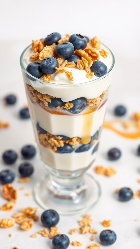 A delicious blueberry yogurt parfait with layers of yogurt, blueberries, and granola.