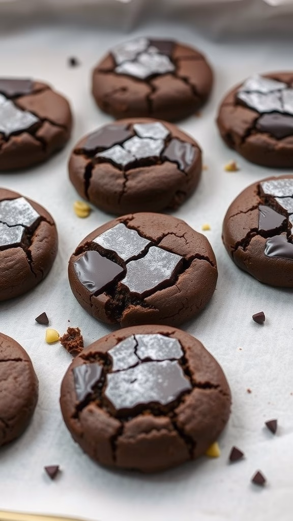 Brownie cookies with a fudgy center arranged on a baking sheet