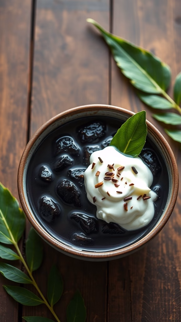 Bubur Injin, a black sticky rice pudding served with coconut milk, is a traditional Indonesian dessert.