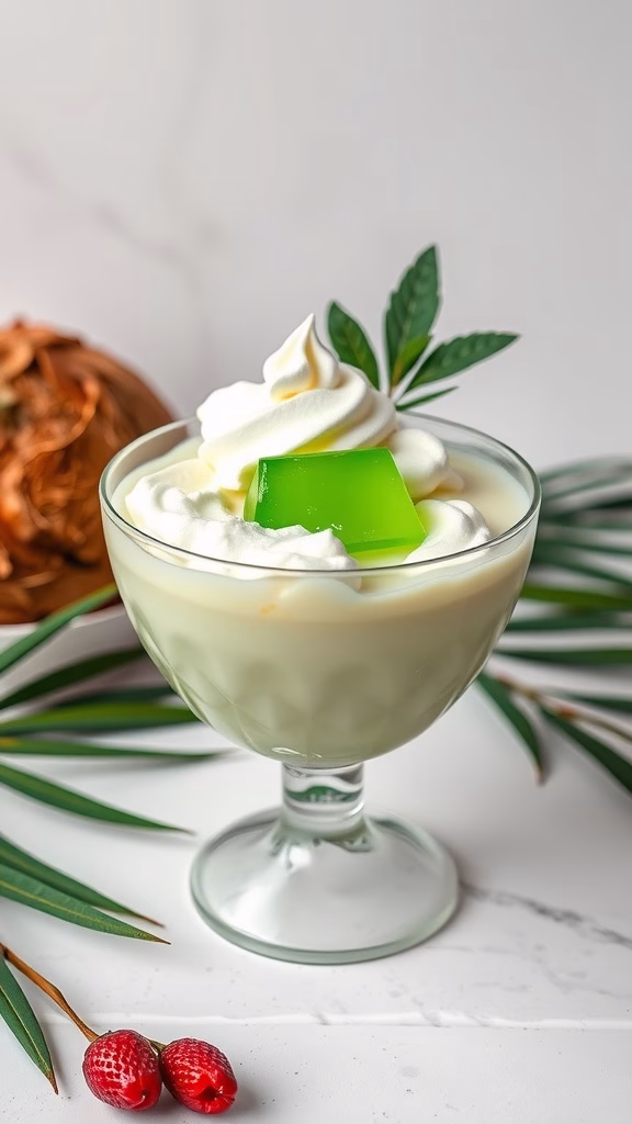 A delicious serving of Buko Pandan Delight topped with whipped cream and a green gelatin cube