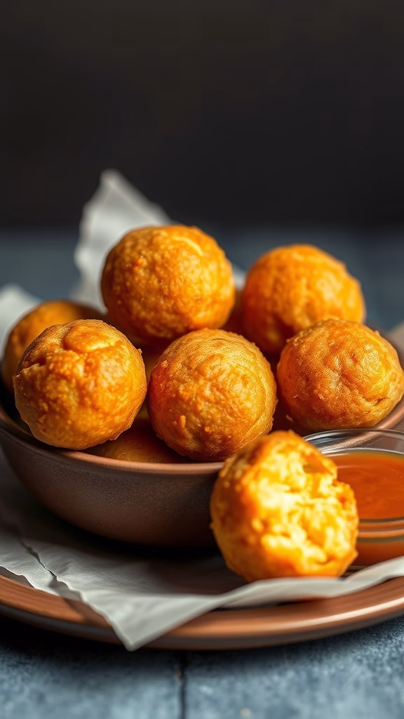 A bowl of golden fried cheese balls known as buñuelos, with one piece partially bitten.