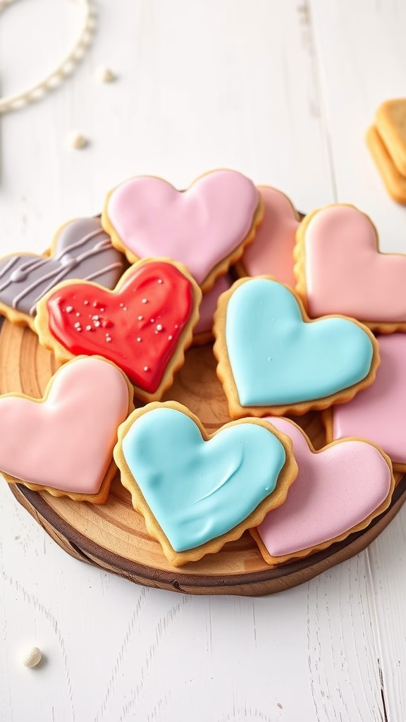 Decorated heart-shaped cookies with colorful frosting.