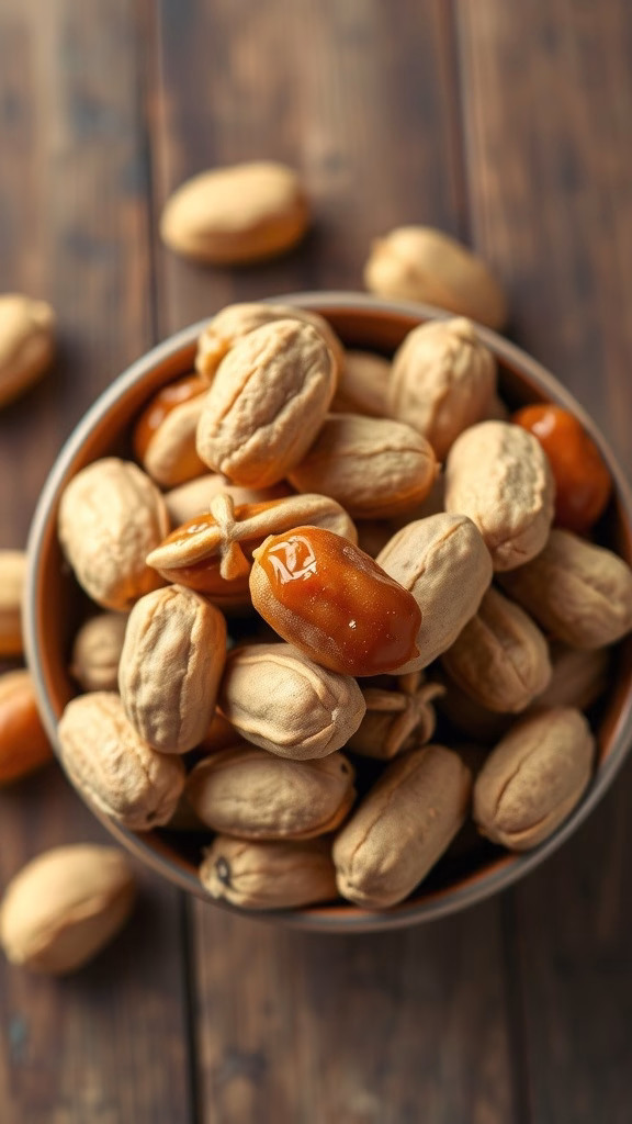 A bowl of cajeta-stuffed peanuts, showcasing a unique Mexican sweet treat.